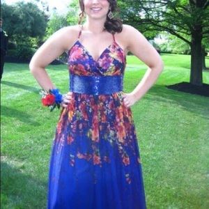 Royal blue and floral beaded dress